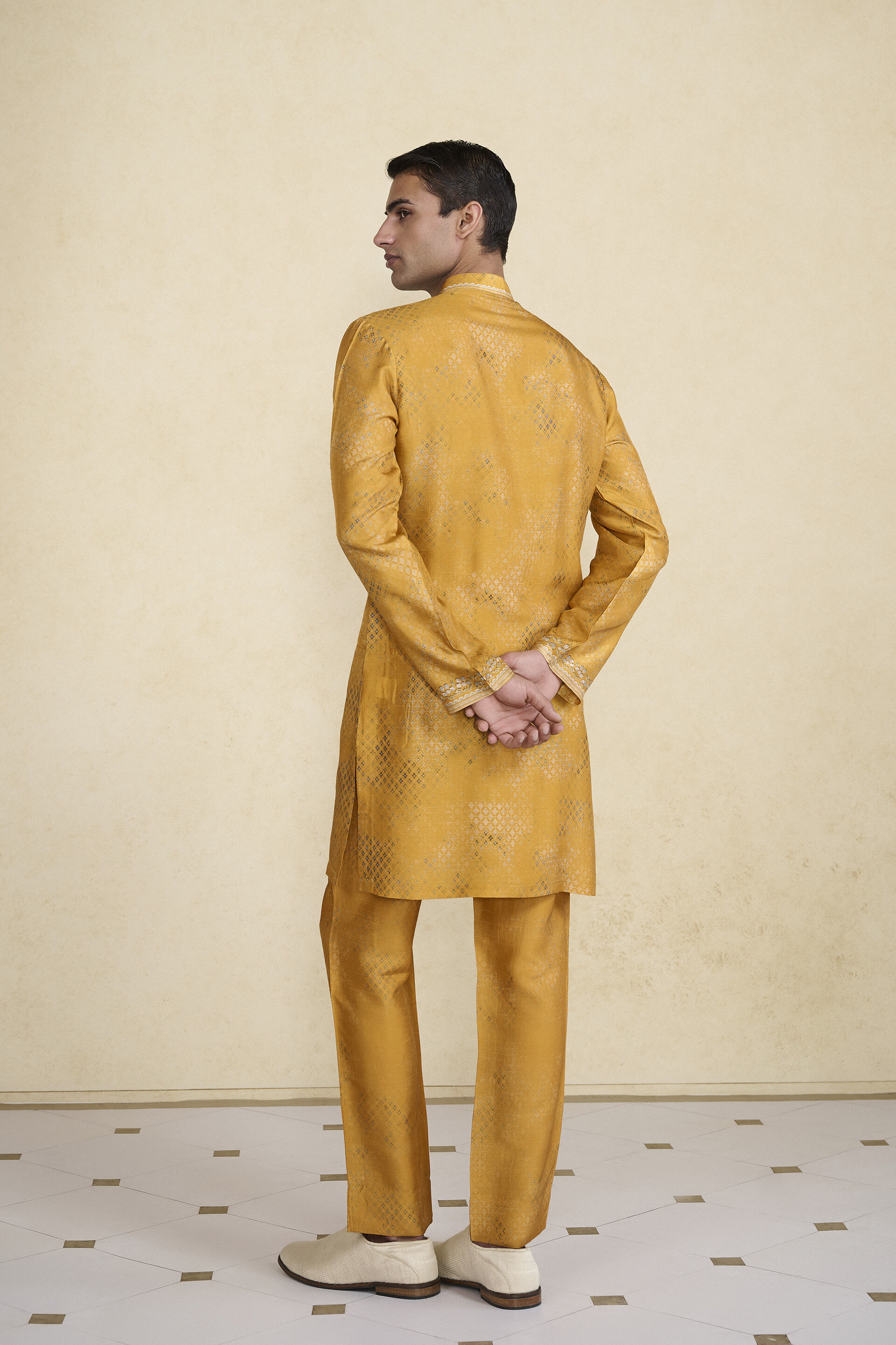 Zarghun Printed Silk Kurta - Mustard